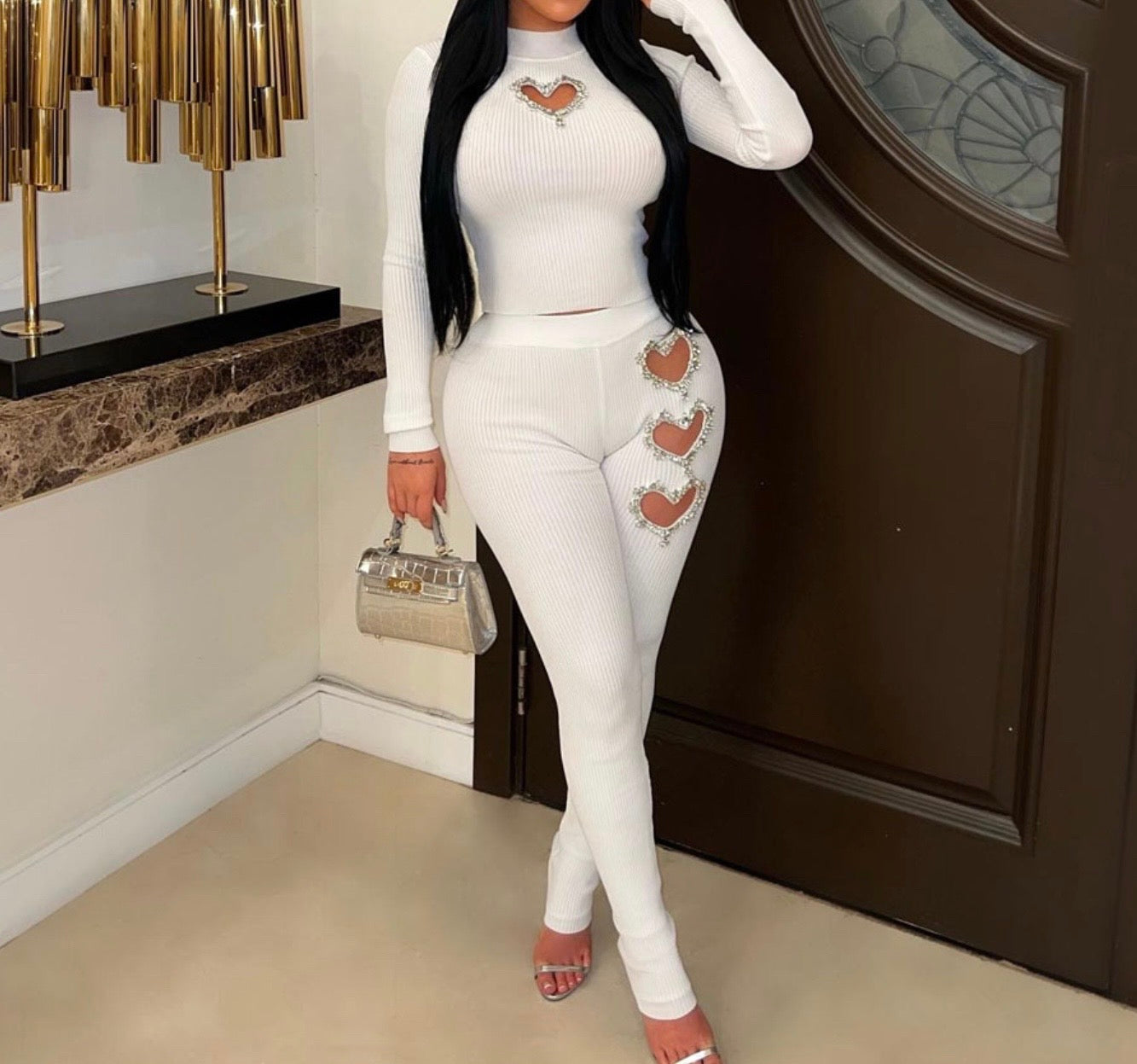 Heart-shaped Beaded Two Piece Pants Set