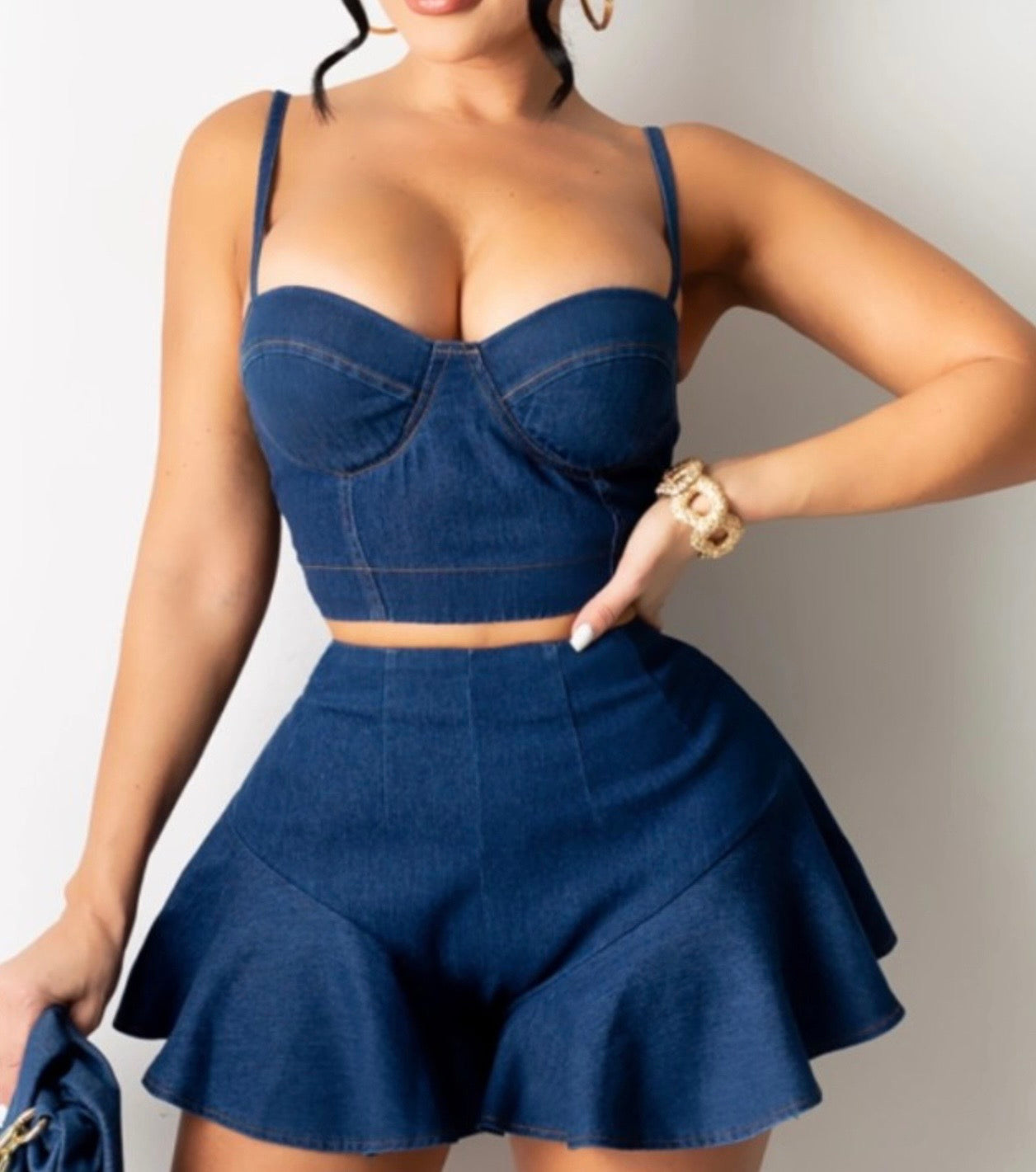 Sexy Blue Denim Strap Crop Top  Set