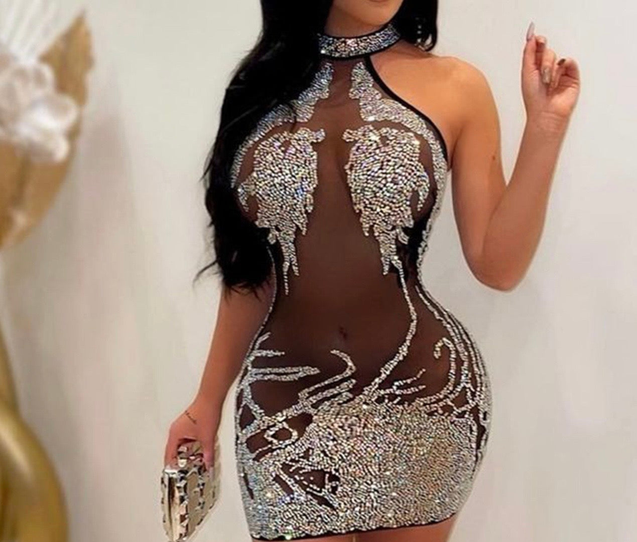 Mesh see-through halter mini dress