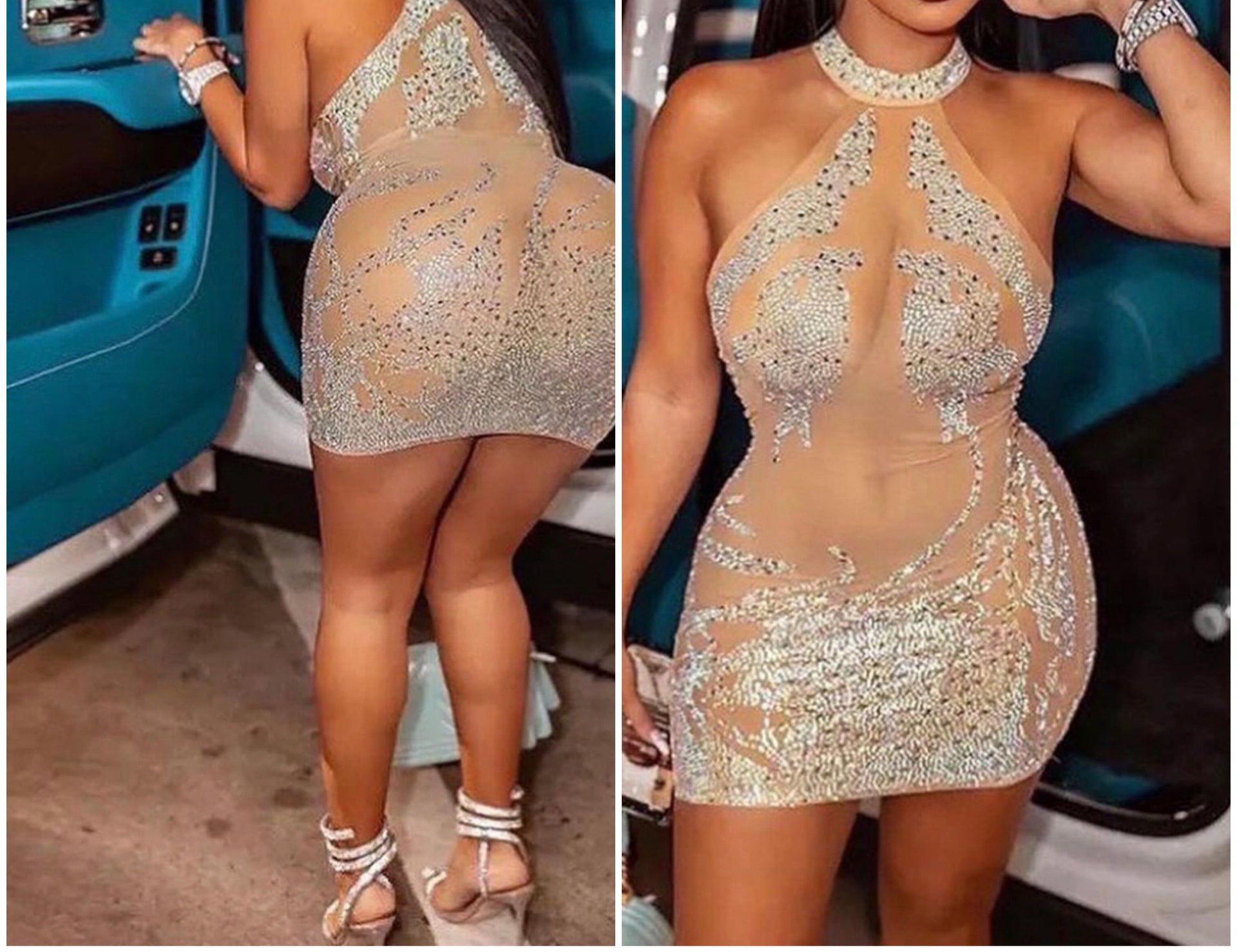 Mesh see-through halter mini dress