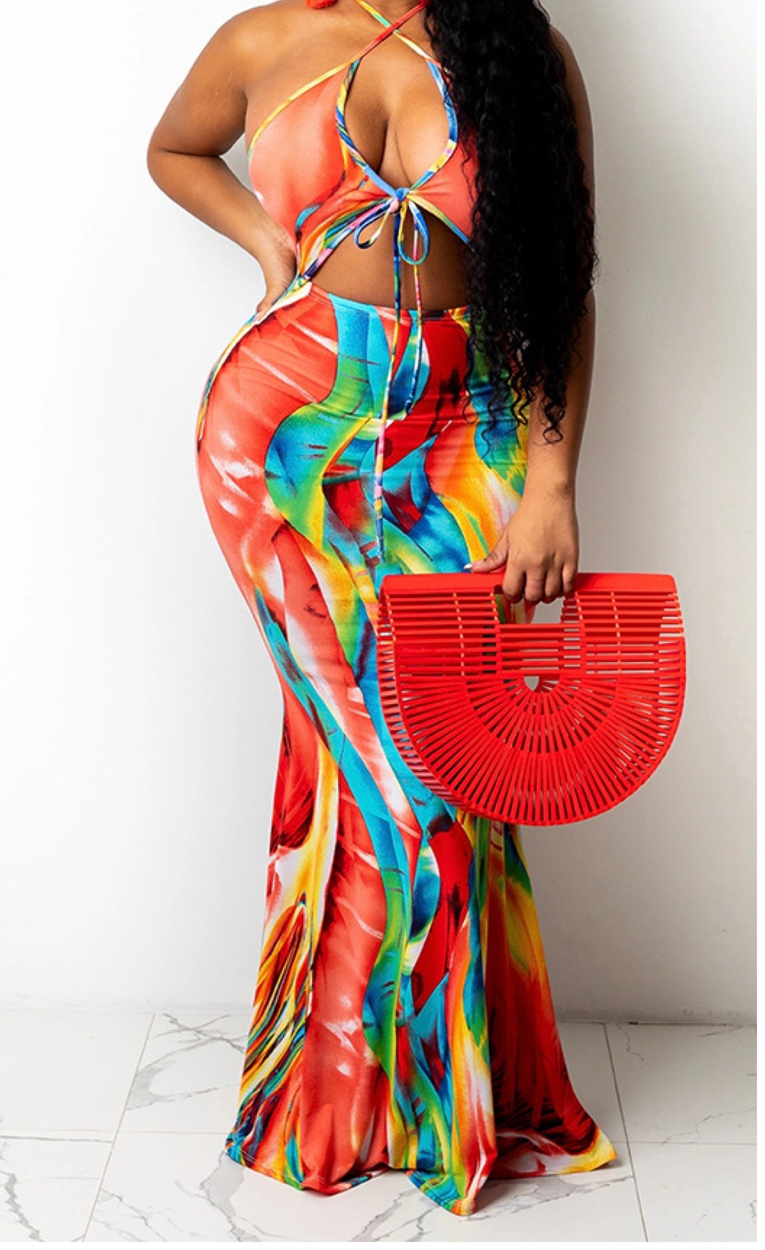Print Halter Lace-Up Maxi Dress