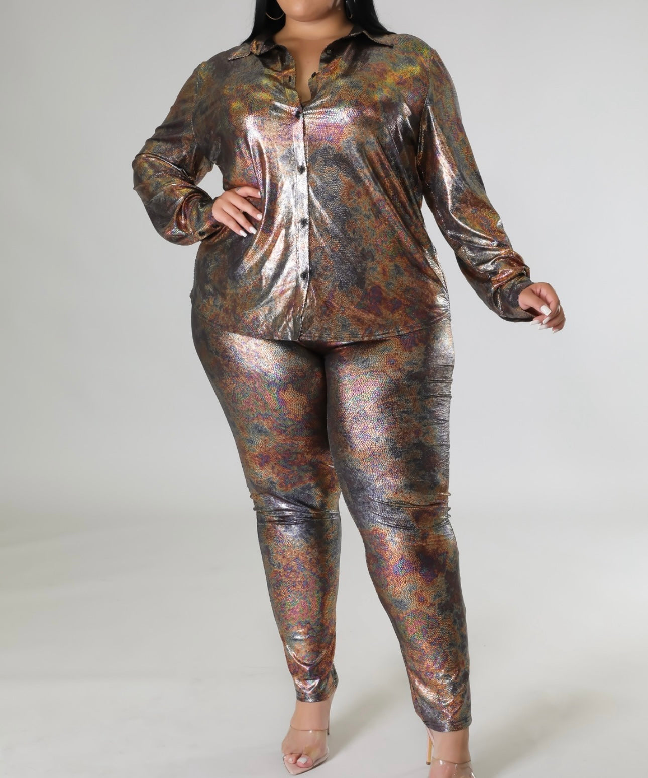 Plus size phython foil shirt and pants