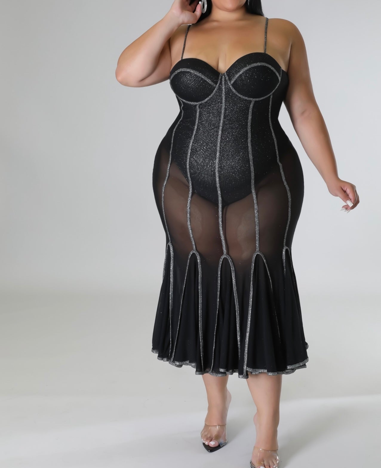 Plus size sexy black transparent dress