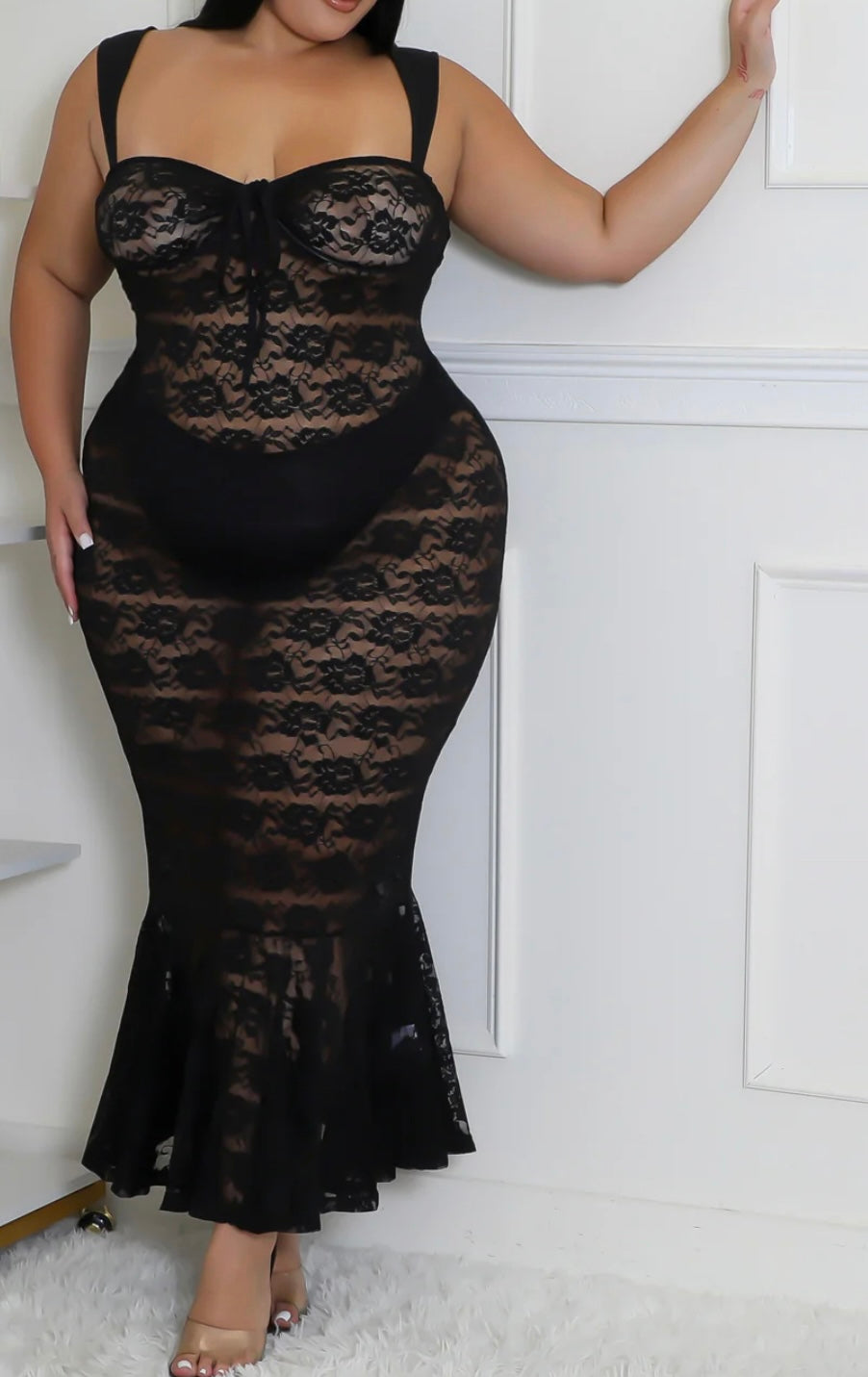Plus size transparent flower black dress