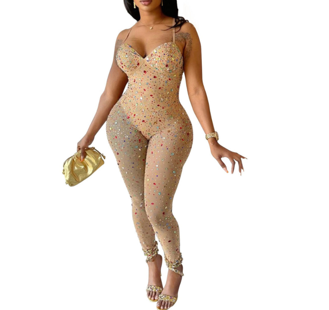 Rhinestone mesh jumpsuit
