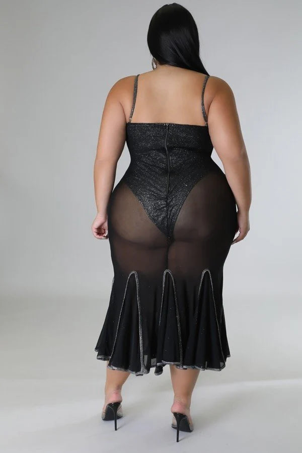 Plus size sexy black transparent dress